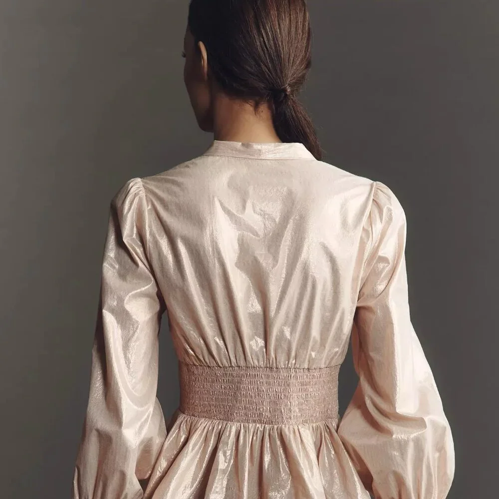 The Tommie Long-Sleeve Shine Smocked Front-Zip Blouse Maeve for Anthropologie - Picture 3 of 12